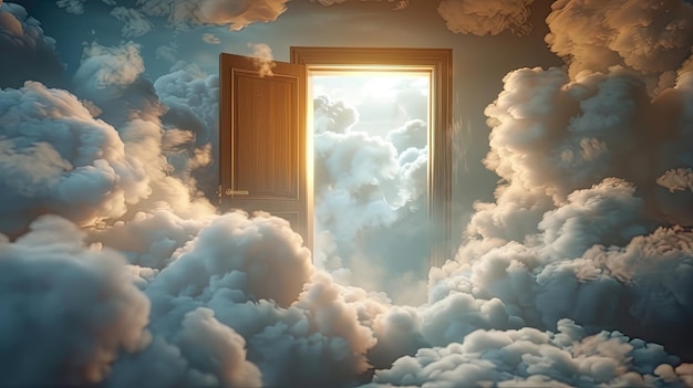 A door is open in a cloudy sky