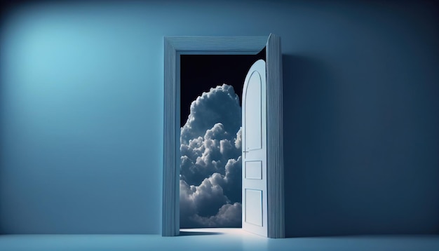 A door is open to a dark blue wall with clouds in the background