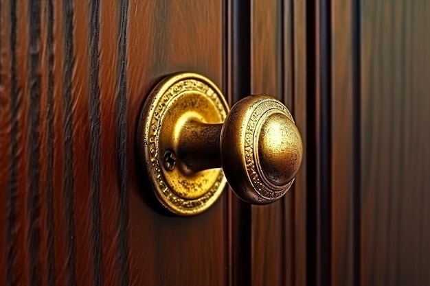 Photo a door knob with a gold colored metal handle is shown.