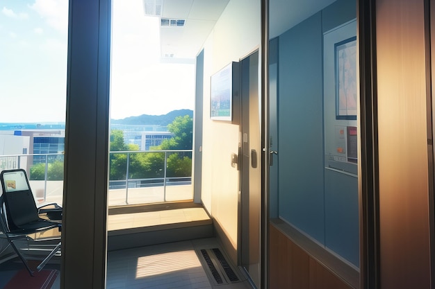 A door leading to a balcony with a view of the mountains in the background.