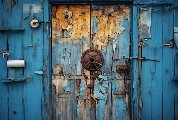 Photo a door locked on a blue wall in the style of rustic futurism