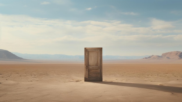 A door in the middle of a desert with mountains in the background