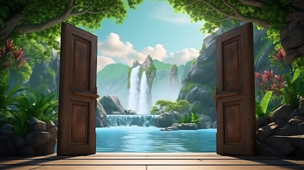 Photo a door open to a waterfall