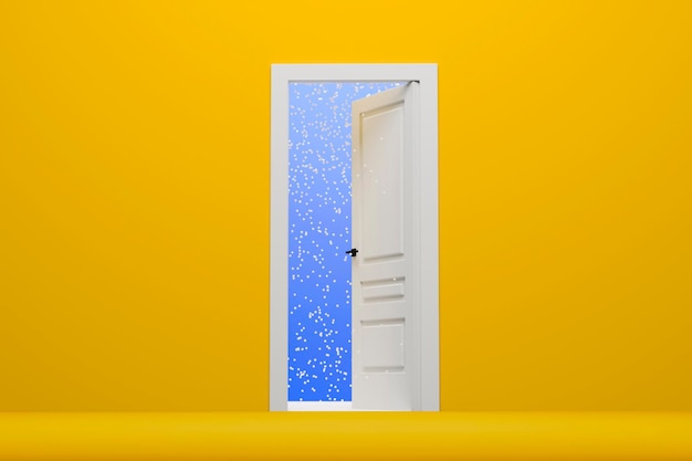 Door open to winter Snow outside 3d rendering