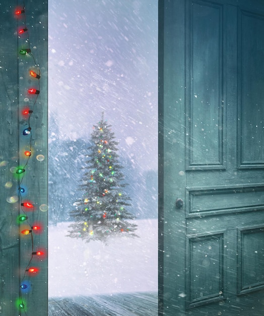 Foto la porta si apre fuori a una scena invernale innevata