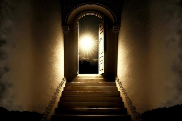 Door opening passage to afterlife at end of stairway to\
heaven