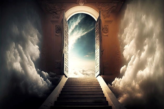 Door opening passage to afterlife at end of stairway to heaven