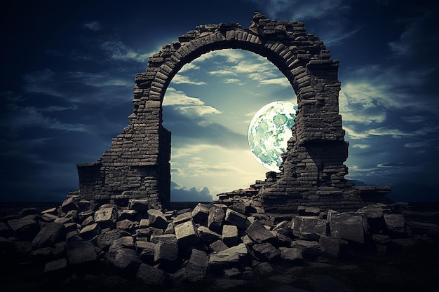 Foto door oude ruïnes mystieke maan