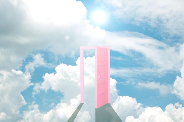 The door and the sky 3d render white fluffy clouds will pass fly out open door isolated object on blue background door to heaven abstract metaphor modern minimal concept surreal dream scene