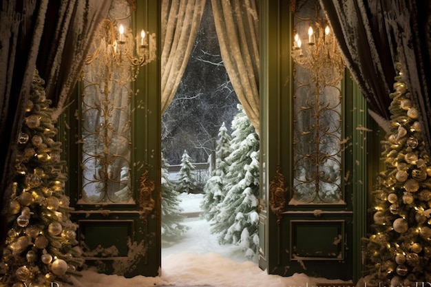 전경에 나무가 있는 눈 덮인 장면의 문과 눈 덮인 창 위에 "겨울"이라는 단어가 있습니다.