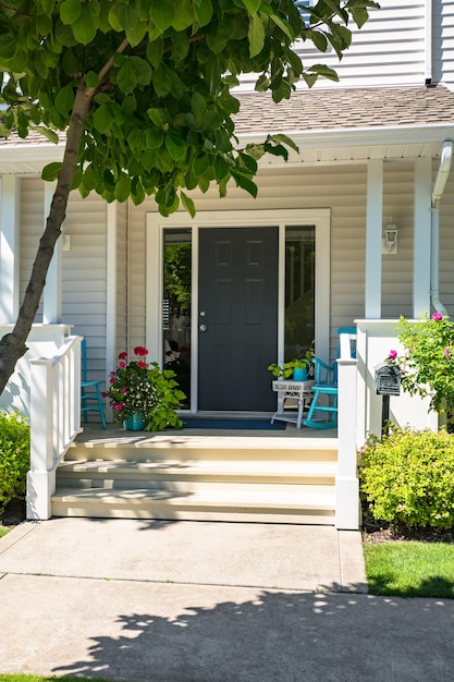 Photo door steps and concrete pathway leading to residential house main entrance under the porch