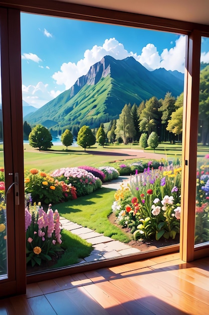 A door that has a view of a mountain and flowers on it