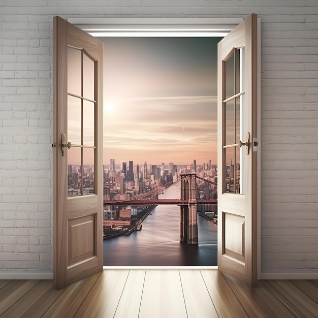 A door that is open to a city with a view of beautiful city