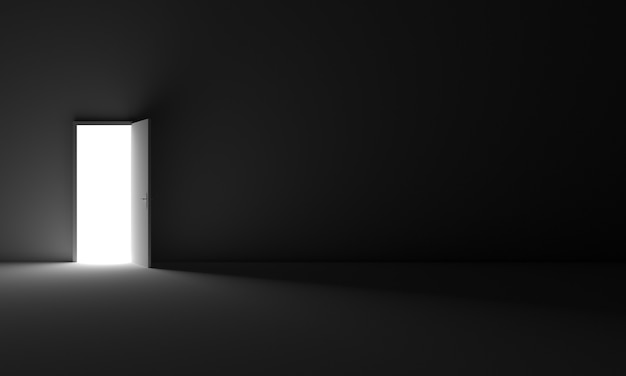 A door that opens from room darkness to light Symbol of opportunity freedom exit future hope