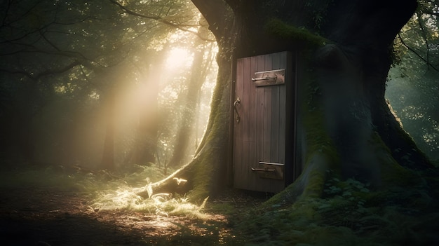 A door in a tree with the sun shining through it