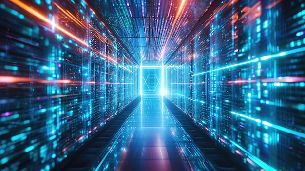 door in tunnel with digital data center light signals