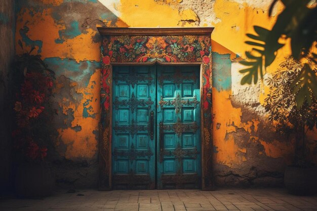 a door in a wall with a palm tree on the background.