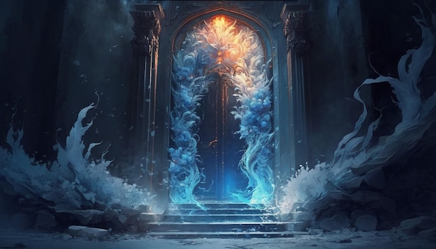A door with a blue light and a fire in the middle