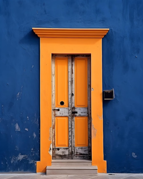 A door with a blue wall