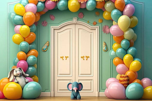 A Door with a bunch of balloons on it and a pink door Generative AI