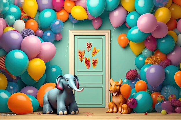 Photo a door with a bunch of balloons on it and a pink door generative ai