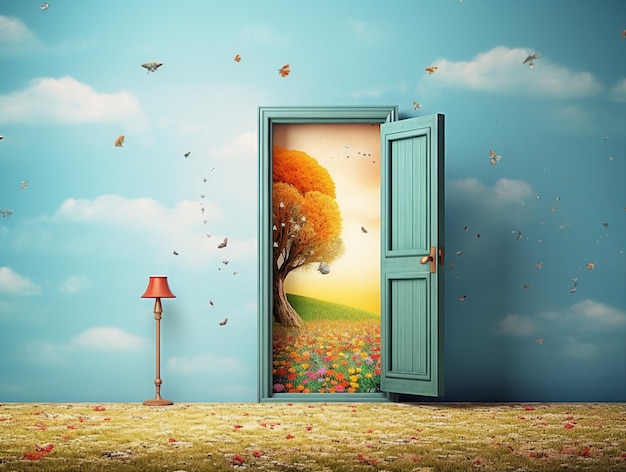 a door with butterflies flying around it