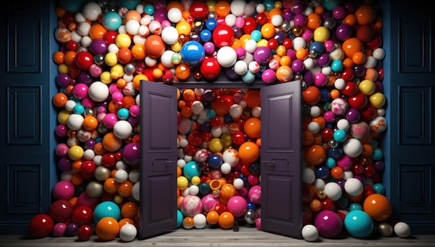 a door with colorful balls surrounding it