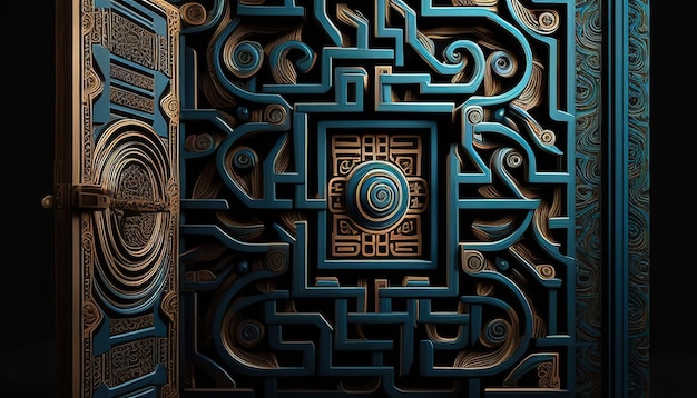 Door with labyrinthine design digital art illustration Generative AI