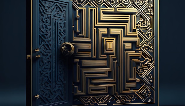 Door with labyrinthine design digital art illustration Generative AI