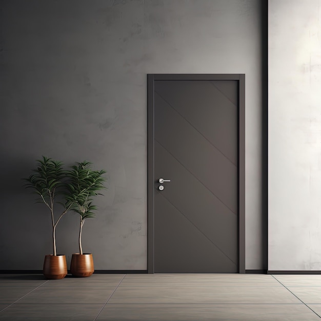 a door with a plant on it and a potted plant in the corner.