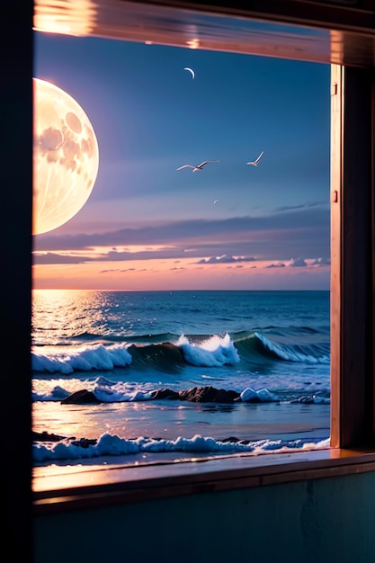 海と地平線上の月を望むドア