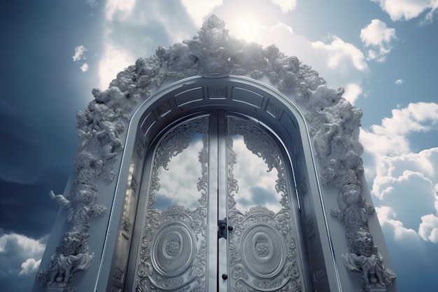 A door with a sky background and the word heaven on it