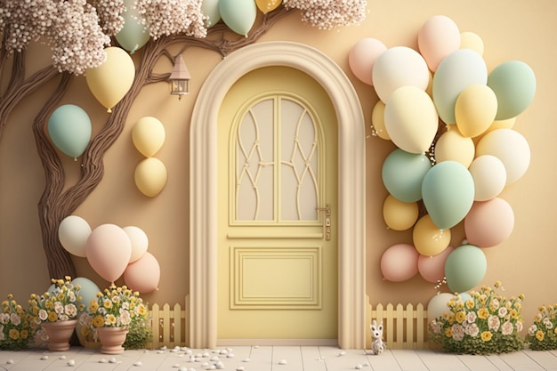 Дверь с деревом и воздушными шарами перед ней