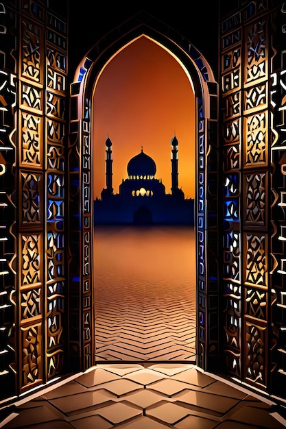 A door with a view of the mosque in the background