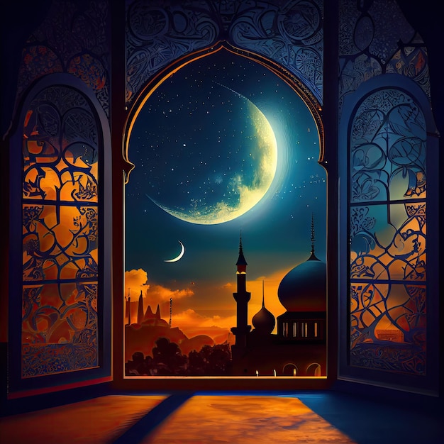 A door with a view of the mosque at night