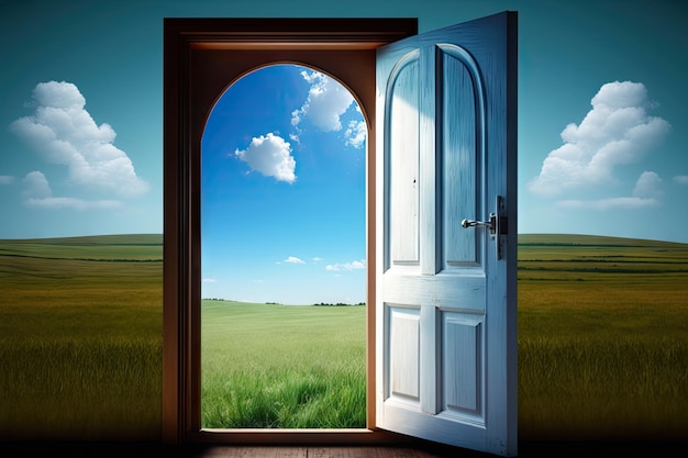 Door with view of peaceful meadow and clear blue sky