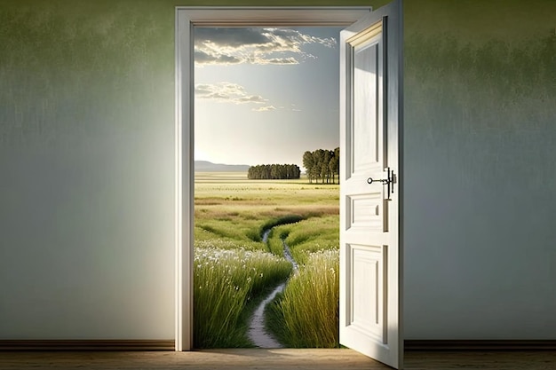 Door with view of peaceful meadow leading to heaven