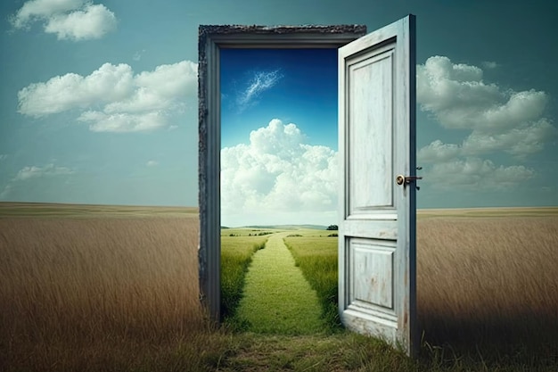 Photo door with view of peaceful meadow leading to heaven