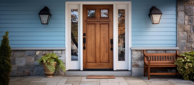 A door with windows surrounded by different colored siding