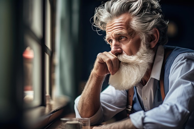 Doordachte volwassen man in een stijlvol café Portret van een oude man met de handen op de baard die overweegt