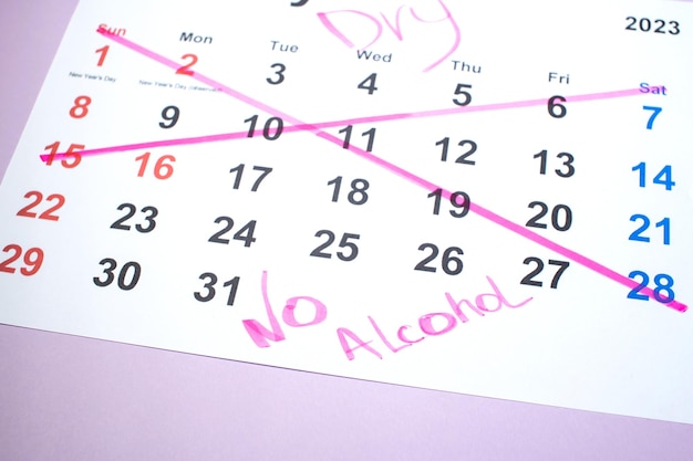 Doorgestreepte kalender voor de maand januari zonder alcoholuitdaging