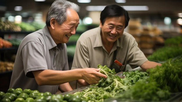 Doorgewinterde expertise 60-jarige supermarktmedewerker biedt verse groenten aan met een glimlach