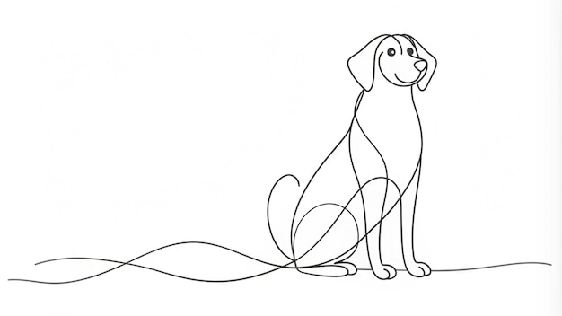 Doorlopende lijntekening van een hond die rustig op een witte achtergrond zit