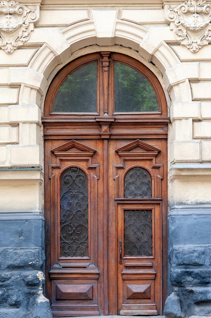 The doors of the city of old Lviv in Ukraine Original authentic doors on the outskirts of Rynok Square in Lviv