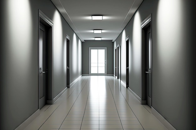 Photo doors in large ious hall with simple interior lead to empty offices