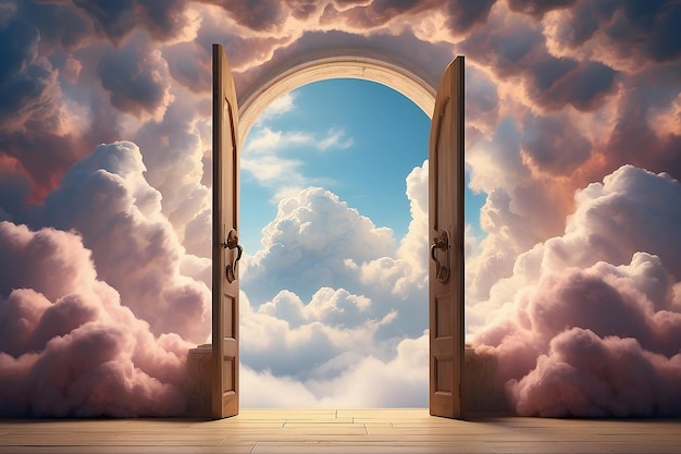 Photo doors opening to dreamy fluffy clouds