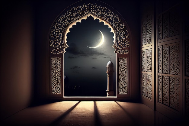 Photo doors opening to a mosque tower with shining ramadhan moon