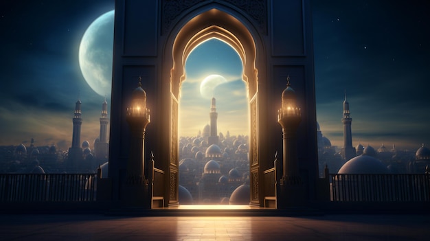 Doors opening to a mosque tower with shining