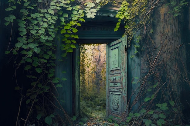 写真 生い茂った庭の戸口と開いた古い木製のドア