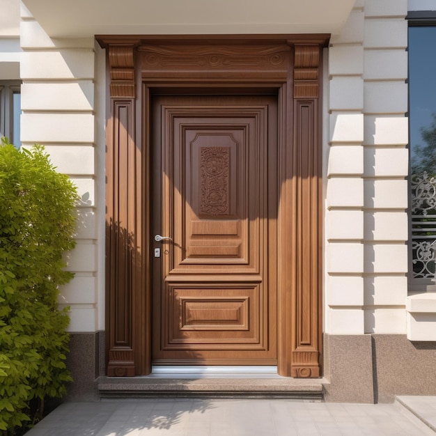 doorway of a house with a wooden door and a white wall generative ai